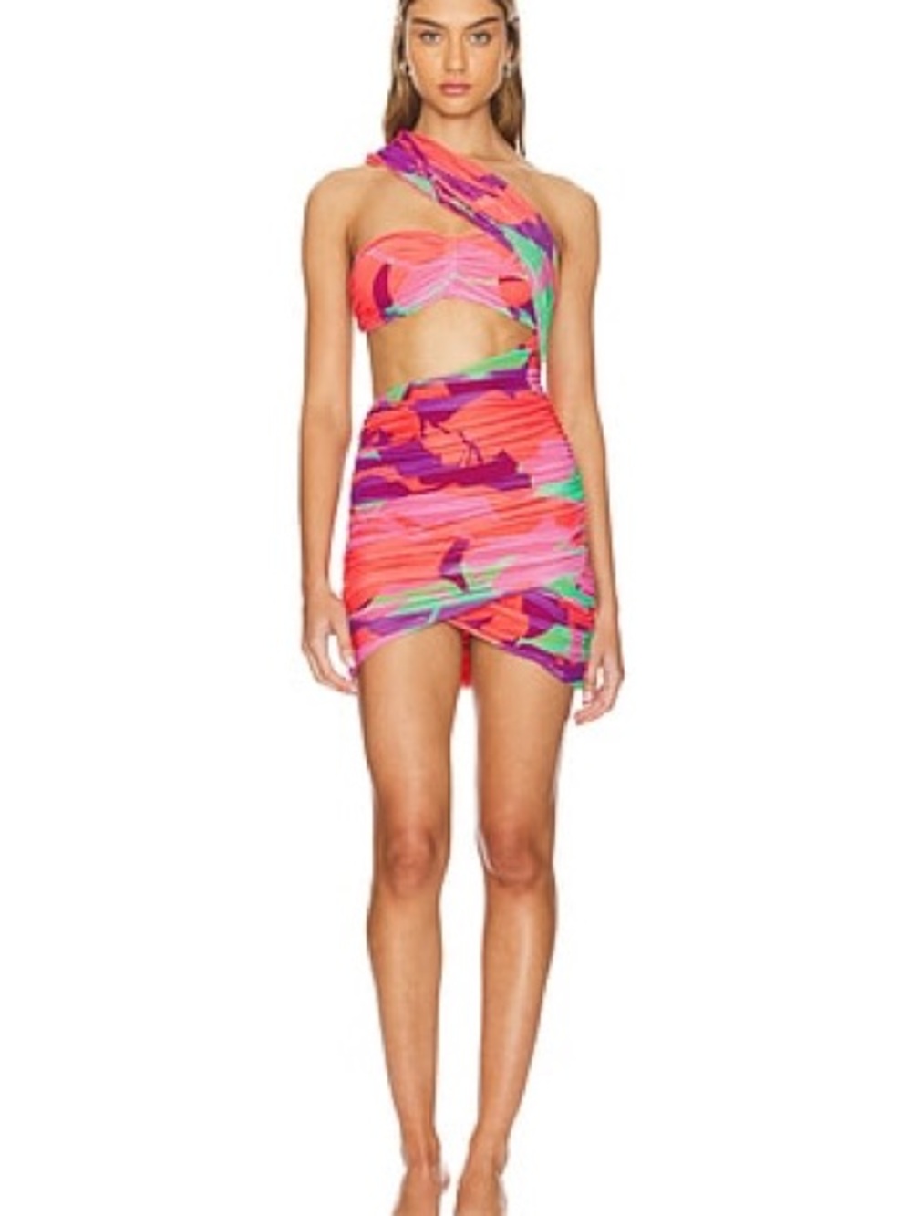 AFRM SANTINA DRESS One-Shoulder Cutout Mini Dress in Pink, Purple & Green